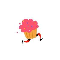 illustrazione di un gustoso muffin. vettore. carattere dolce con le gambe. icona per il sito su sfondo bianco. segno, logo per il negozio. consegna di prodotti da forno freschi e pasticceria. stile piatto. vettore