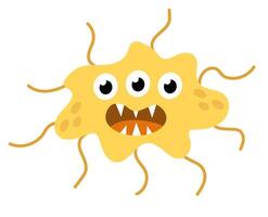 carino cartone animato giallo personaggio batteri, microbo, germe. microbiologia organismo. portafortuna esprimendo emozione. bambini illustrazione nel piatto design. vettore