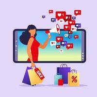 donna con il megafono sul telefono cellulare dello schermo. influencer sui social. concetto di marketing di influencer: servizi e prodotti di promozione di blogger per i suoi follower online. illustrazione vettoriale piatta