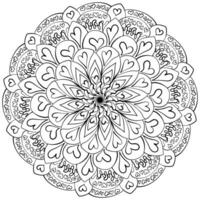 mano disegnato mandala con fiore e cuori, creativo colorazione pagina per design o attività vettore