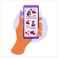 social network, chat, app di incontri. illustrazione vettoriale per gli utenti di app di incontri online. illustrazione piatta conoscente uomo e donna nel social network. illustrazione vettoriale in piano.