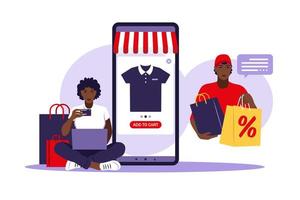 donna africana shopping online. pagare con la carta di credito. saldi. concetto di vettore di consegna veloce. il pacco del corriere al cliente. illustrazione vettoriale. stile piatto.