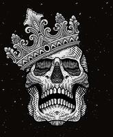 opera d'arte illustrazione cranio con re corona. incisione mano disegnato stile, design elemento per logo, manifesto, t camicia - eps 10 vettore