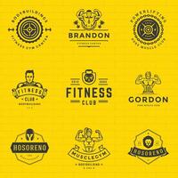 fitness loghi e badge design sport attrezzatura e persone impostato illustrazione. vettore