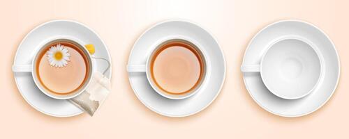 superiore Visualizza di tre camomilla tè tazze impostato nel 3d illustrazione vettore