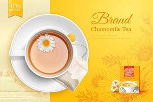 superiore Visualizza di rinfrescante tazza di tè con tè Borsa e camomilla fiore nel 3d illustrazione al di sopra di inciso sfondo vettore