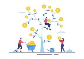 albero dei soldi di affari finanziari profitto investimento design piatto illustrazione vettoriale con banconote in dollari e monete d'oro per poster o sfondo