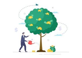 albero dei soldi di affari finanziari profitto investimento design piatto illustrazione vettoriale con banconote in dollari e monete d'oro per poster o sfondo