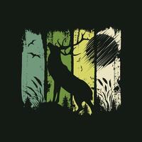 retrò grunge stile silhouette di un' cervo e foresta scena adatto per maglietta design vettore
