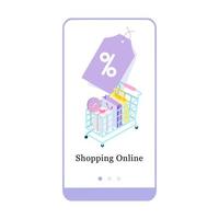 illustrazione vettoriale della promozione del negozio online, e-commerce e aggiunta al grafico sulla schermata dell'app di onboarding e sul concetto web. interfaccia shopping online ux, modello di schermata ui gui per smartphone o web.