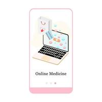 progettazione di applicazioni per medicina online, prescrizione medica, farmacia, farmacia, clinica. design dello schermo di onboarding dell'interfaccia utente. Pagina del modello di app mobile a bordo isometrica 3D. illustrazione vettoriale piatto moderno.