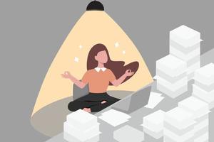 la gestione dello stress controlla efficacemente l'ansia per una vita più felice, più sana, produttiva, equilibrio tra vita e lavoro, resilienza sotto pressione e sfida, donna rilassata meditare in ufficio per ridurre lo stress vettore