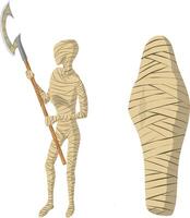 un' cartone animato mummia nel fasciature sta con un' a forma di falce ascia nel il suo mani. il secondo mummia è avvolto nel fasciature piace un' baco da seta. illustrazione un' magro mummia guardia con un' lancia nel il suo mani vettore