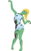 zombie bionda ragazza nel realistico stile con un' buco nel sua stomaco e sporgente costole. illustrazione zombie donna nel un' corto vestito con sangue macchie diffusione su e va braccia nel goffo. uno occhio è vettore
