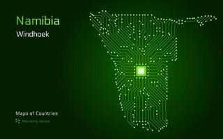 namibia carta geografica con un' capitale di windhoek mostrato nel un' microchip modello. e-governo. mondo paesi mappe. microchip serie vettore