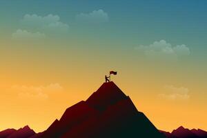 silhouette di un' uomo Tenere un' bandiera su un' montagna picco nel un' crepuscolo atmosfera vettore