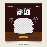 super delizioso hamburger sociale media modello. hamburger vendita sconto con buio nero sfondo. bandiera con gratuito consegna. super delizioso hamburger veloce cibo sociale media inviare ragnatela striscione. vettore