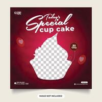 Cupcake sociale media inviare. speciale Cupcake sociale media striscione. dolce modello con un' buio rosso sfondo e poteva effetto . delizioso dolce volantino. instagram bandiera design modello vettore