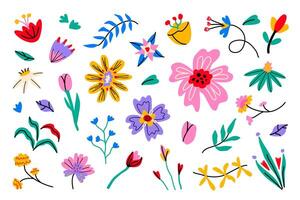 impostato di vivace moderno astratto fiori. giocoso luminosa decorativo foglie, fiori e rami nel minimalista stile. mano disegnato capriccioso isolato clipart vettore