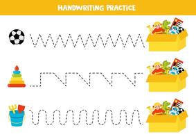 tracciato Linee con carino cartone animato giocattoli e scatola. scrittura la pratica. vettore