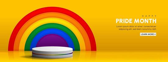 orgoglio mese celebrazione ragnatela bandiera intestazione disegno, lgbtq, gay diritti sociale media copertina bandiera design con decorazione palcoscenico podio arcobaleno colorato parete vettore