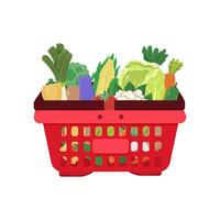 rosso shopping cestino con diverso verdure su un' bianca sfondo. mercato o memorizzare concetto vettore