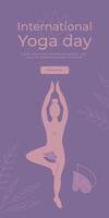 internazionale yoga giorno verticale bandiera con un' ragazza silhouette. pastello illustrazione. vettore