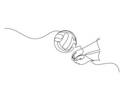 continuo singolo linea disegno di tutti e due mani colpire il pallavolo. pallavolo torneo evento . design illustrazione vettore