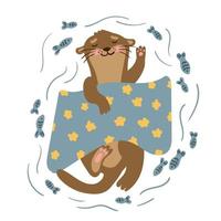 scheda con simpatico cartone animato nuoto lontra marrone con pesci e coperta isolata on white. i graziosi animali usano per poster, sito Web, brochure della scuola materna. illustrazione piatta vettoriale. vettore