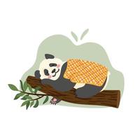 schizzo disegnato a mano pigro panda gigante bambino che dorme sul ramo di un albero. riposo degli animali della foresta pluviale asiatica. sognare di un simpatico mammifero selvaggio. giungla, fauna selvatica della foresta, disegno di libro per bambini stampa vivaio zoo vettore