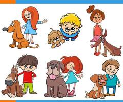 cartone animato bambini e loro cani animale domestico personaggi impostato vettore