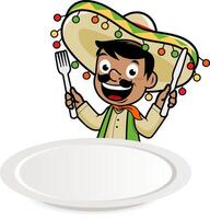 messicano uomo con un' sombrero, guardare al di sopra di a un vuoto cena piatto e Tenere un' forchetta e un' coltello, in attesa per cibo. messicano cibo ristorante striscione. vettore