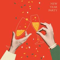 Due mani Tenere Champagne occhiali. di moda mezzitoni collage nel retrò carta stile. 2025 allegro Natale e contento nuovo anno bandiera modello. vettore