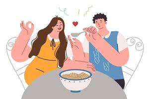 romantico cena di uomo e donna mangiare spaghetti durante Data nel alla moda italiano ristorante vettore