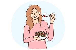sorridente donna mangiare insalata vettore
