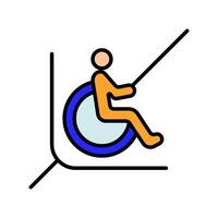 invalidità linea icona. persona nel sedia a rotelle, accessibilità, riservato parcheggio, mobilità aiuto, compreso disegno, handicap macchiare, sostegno, speciale necessità. vettore