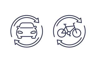 condividere l'auto, noleggio servizio linea icone con un' auto e un' bicicletta vettore