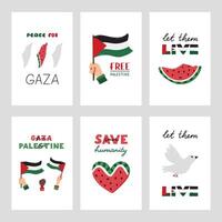 gratuito Palestina impostato di manifesti con lettering e semplice mano disegnato clipart di gaza bandiera, anguria fette, pace colomba. concetto di supporto e In piedi con Palestina. permettere loro abitare, Salva umanità. vettore