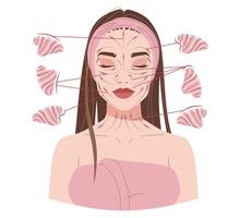 gua sha massaggio schema. pelle cura. un' giovane ragazza prende cura di sua viso. rilassante asiatico facciale massaggio tecnica utilizzando un' raschietto. piatto illustrazione su isolato sfondo vettore