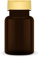 Marrone plastica pillola bottiglia. 3d medico pacchetto per droga, capsula. farmaceutico confezione modello con giallo berretto modello per tavoletta. sport energia supplemento contenitore per BCAA, minerali. vettore