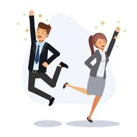 gli uomini d'affari si rallegrano. concetto di successo, lavoro di squadra.l'uomo e la donna sono felici e saltano su.illustrazione piana del personaggio dei cartoni animati di vettore 2d.
