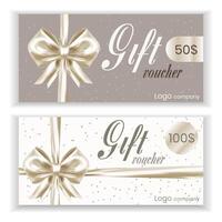 regalo carta o voucher; tagliando modello con realistico crema arco nastro set.luxury design di regalo voucher.modello utile per qualunque promozione disegno, shopping vendita carta, voucher; tagliando o regalo carta vettore