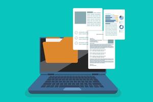 file manager o documento Conservazione concetto, il computer portatile File e documenti, e-mail attaccamento File, in linea comunicazione, controllo nuovo messaggi di posta elettronica su il computer portatile schermo Schermo. piatto illustrazione su sfondo. vettore