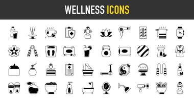 benessere icona impostare. come come massaggio, yoga, terme, rilassamento, Salute, esercizio, dieta, benessere, meditazione, aromaterapia e Di Più icone illustrazione icone collezione. vettore