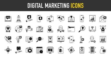 digitale marketing icona impostare. contenente seo, contenuto, sito web, sociale media, i saldi e in linea pubblicità. solido simbolo collezione. vettore