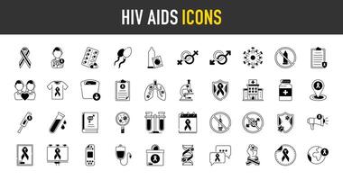 AIDS hiv icona impostare. come come test, sangue, pillole, non protetto, medico rapporto, tubo, medicinale, coppia, protezione, proibito, dna, sperma, mondo, proteggere, medico, campagna, assicurazione icone. vettore