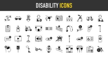 invalidità icona impostare. come come anatomia, scala, pannolino, deambulatore, tattile pavimentazione, sedia a rotelle, guida cane, canna, posto a sedere, occhiali da sole, braille, rampa, Audio prenotare, tv, da corsa, assicurazione icone illustrazione vettore