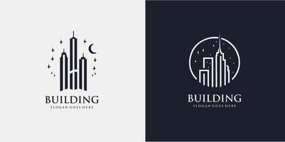 città edificio logo o grattacielo decorato con stelle nel lineare design illustrazione professionista stile vettore