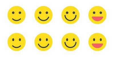 Sorridi viso emoji icona impostato collezione nel piatto stile. contento emoticon facciale concetto vettore