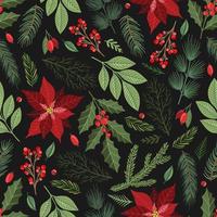 modello senza cuciture con fiori di poinsettia disegnati a mano e rami floreali e bacche, fiori di Natale. vettore